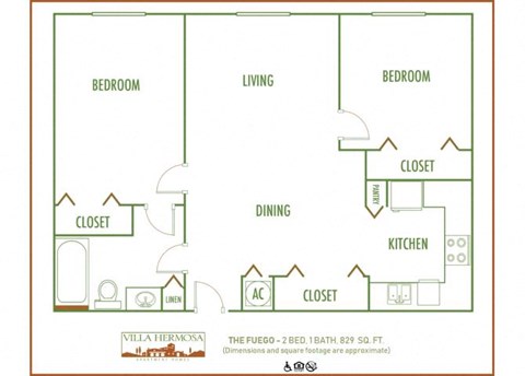 Floor plan for 2 beds, 1 bath, 829 sqft